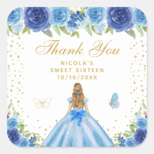 Blue Floral Blonde Hair Princess Sweet Sixteen Square Sticker