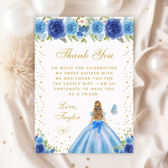 Blue Floral Blonde Hair Princess Sweet Sixteen Thank You Card (Creator Uploaded)