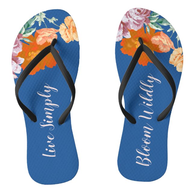 Blue Floral Bloom Widely Inspiring Quote Thongs (Footbed)