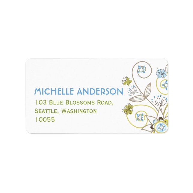 Blue Floral Blooms Cute Baby Shower Address Labels (Front)