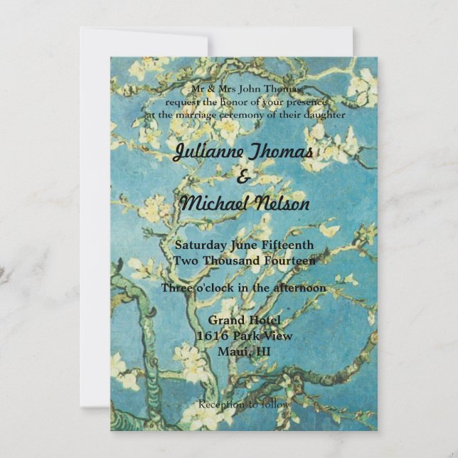 Blue Floral Blossoming Almond Wedding Invitation (Front)