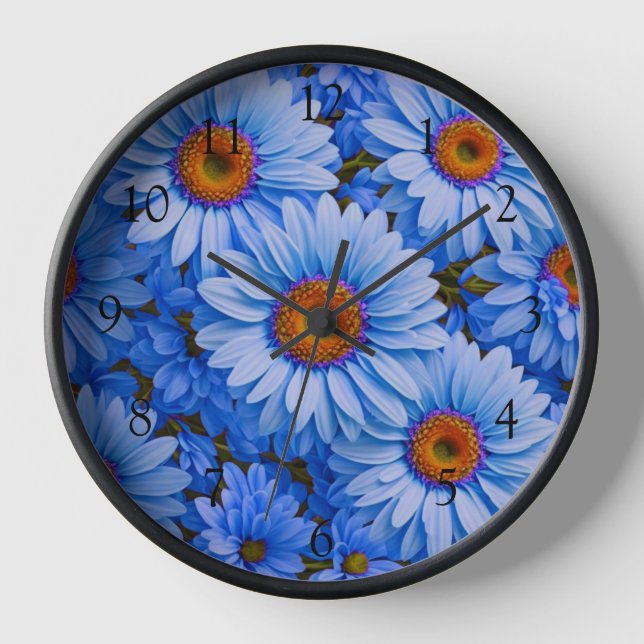 Blue floral blue sunflowers blue daisies pattern  clock (Front)