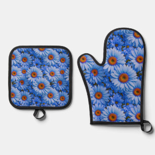 Blue floral blue sunflowers blue daisies pattern oven mitt & pot holder set