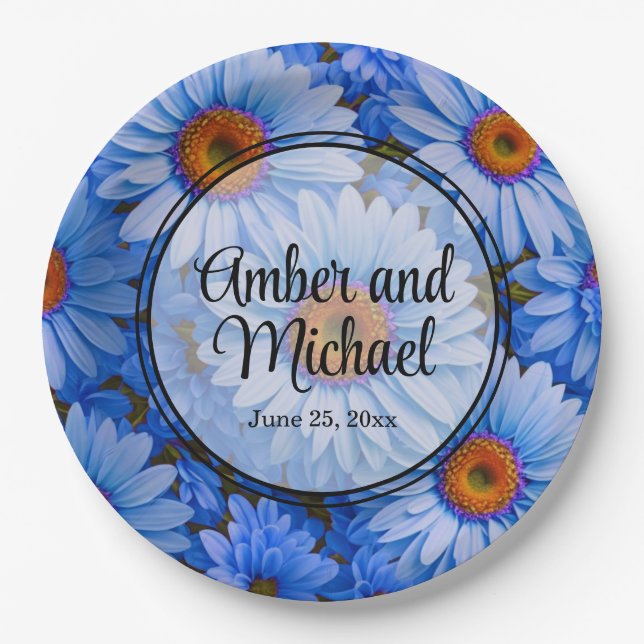 Blue floral blue sunflowers blue daisies pattern  paper plate (Front)