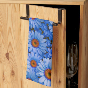 Blue floral blue sunflowers blue daisies pattern tea towel