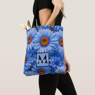 Blue floral blue sunflowers blue daisy personalise tote bag