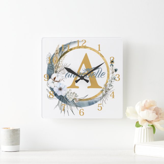 Blue Floral Boho Personalised Name and Initial  Square Wall Clock (Home)