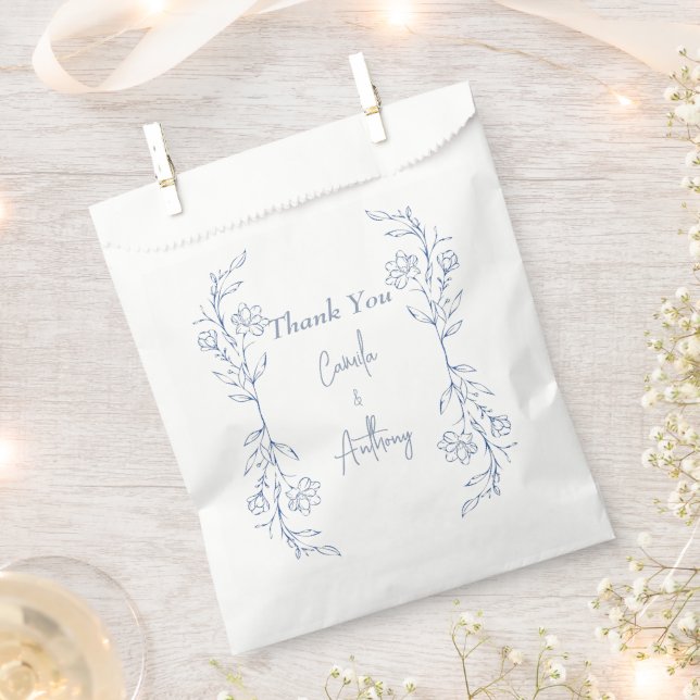 Blue Floral Boho Side Border Wedding Favour Bag (Clipped)