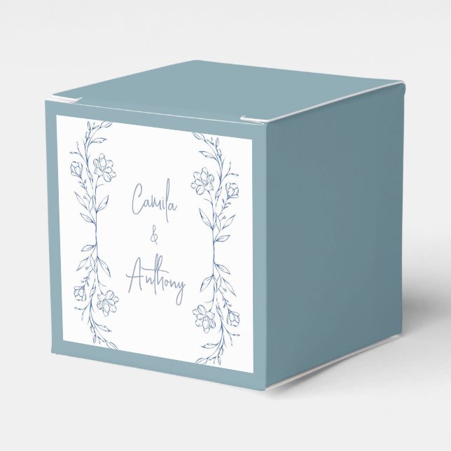 Blue Floral Boho Side Border Wedding Favour Box (Front Side)