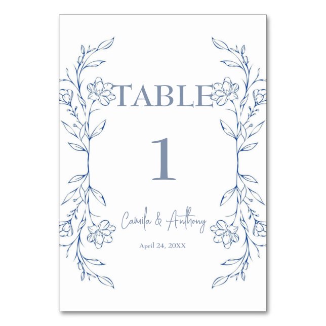 Blue Floral Boho Side Border Wedding Table Number (Front)