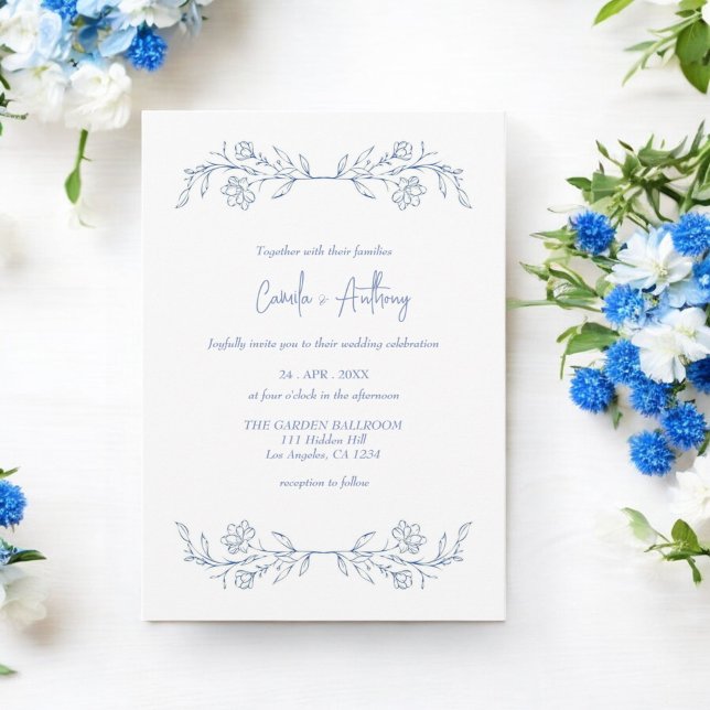 Blue Floral Boho Top Border Wedding Invitation (Creator Uploaded)