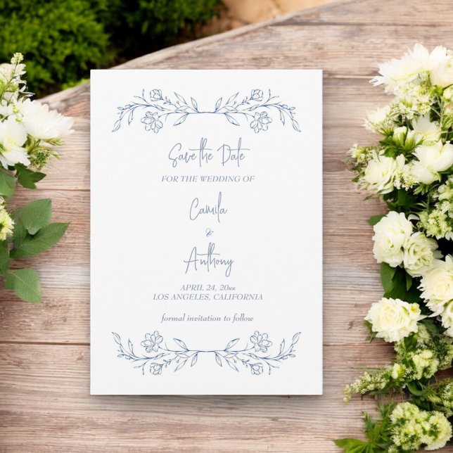 Blue Floral Boho Top Border Wedding Invitation (Creator Uploaded)