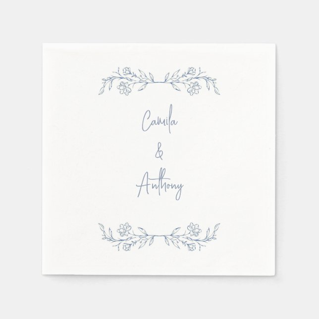 Blue Floral Boho Top Border Wedding Napkin (Front)