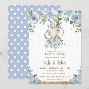 Blue Floral Boho Tribal Elephant Boy Baby Shower Invitation