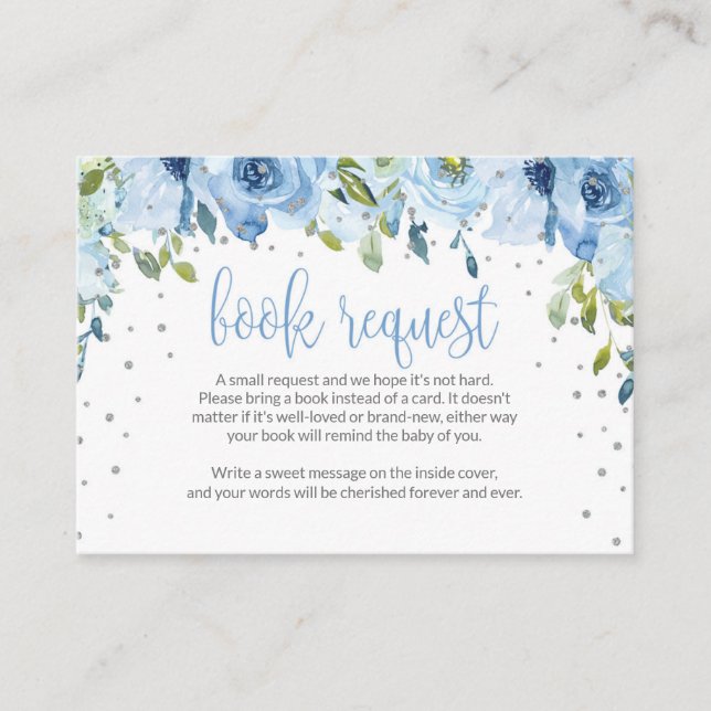 Blue Floral Book Request Card for Baby Shower (Front)