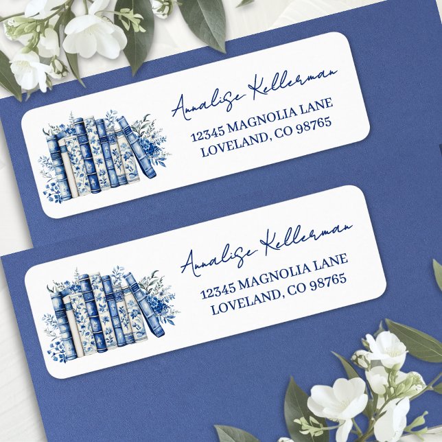 Blue Floral Book Return Address Label (Blue Floral Book Return Address Label)