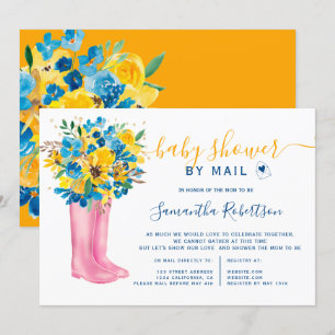 Blue floral boots watercolor baby shower by mail invitation