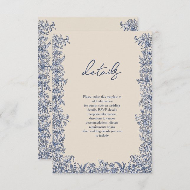 Blue floral border wedding  enclosure card (Front/Back)