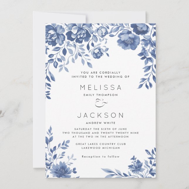 Blue Floral Border Wedding Invitation (Front)