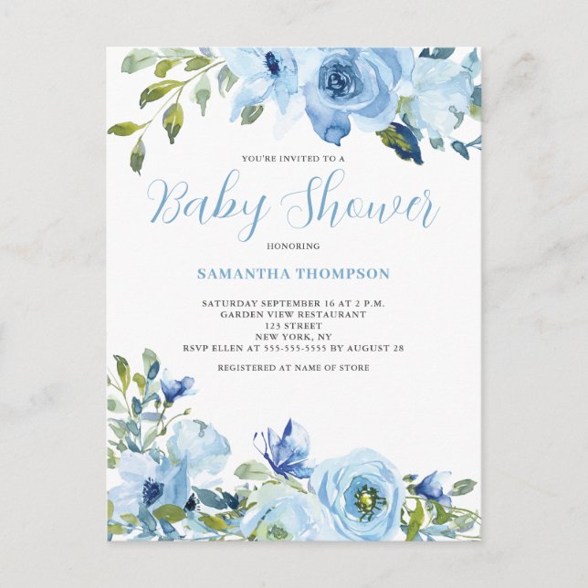 Blue Floral Botanical Baby Shower Invitation  Postcard (Front)