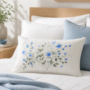 Blue Floral Bouquet and Butterfly Watercolor Lumbar Cushion