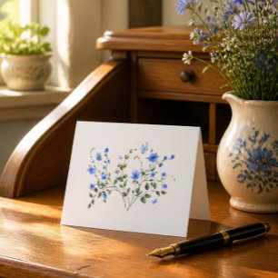 Blue Floral Bouquet and Butterfly Watercolor Note Card