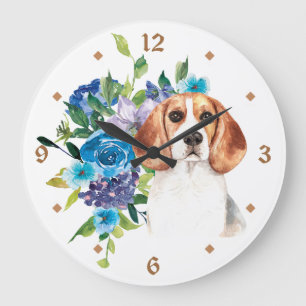 Blue Floral Bouquet Beagle Dog Large Clock
