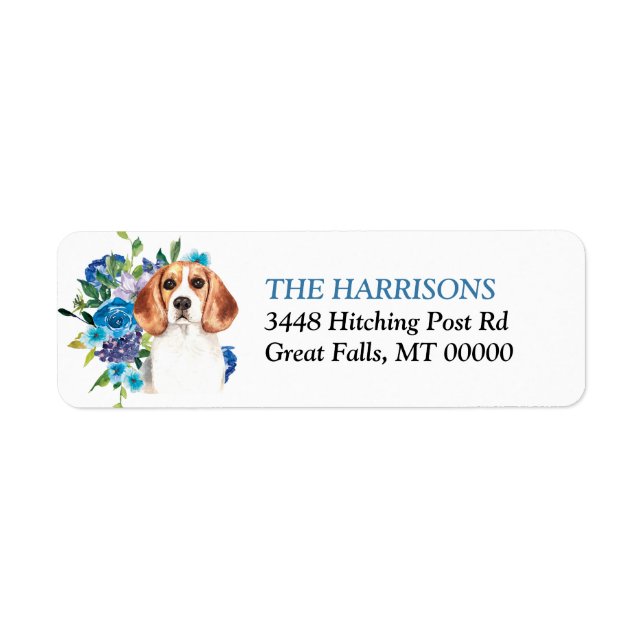 Blue Floral Bouquet Beagle Dog Return Address Label (Front)