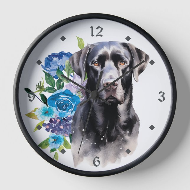 Blue Floral Bouquet Black Labrador Retriever Dog Clock (Front)