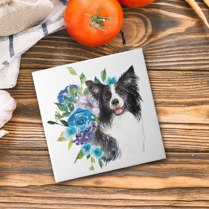 Blue Floral Bouquet Border Collie Ceramic Tile