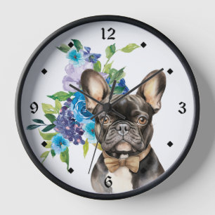 Blue Floral Bouquet Bowtie French Bulldog Clock