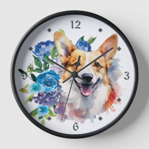 Blue Floral Bouquet Corgi Dog Clock