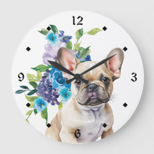 Blue Floral Bouquet French Bulldog Large Clock