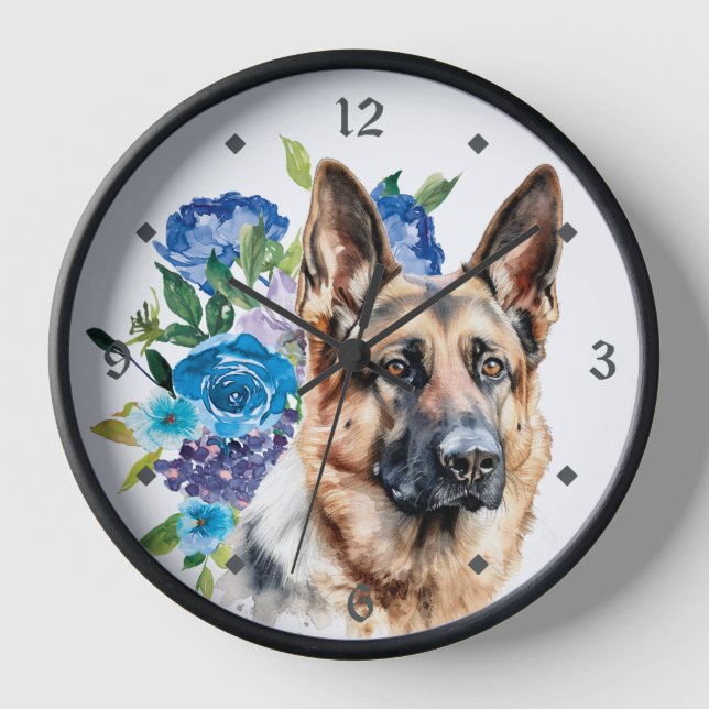 Blue Floral Bouquet German Shepherd Dog Clock (Front)