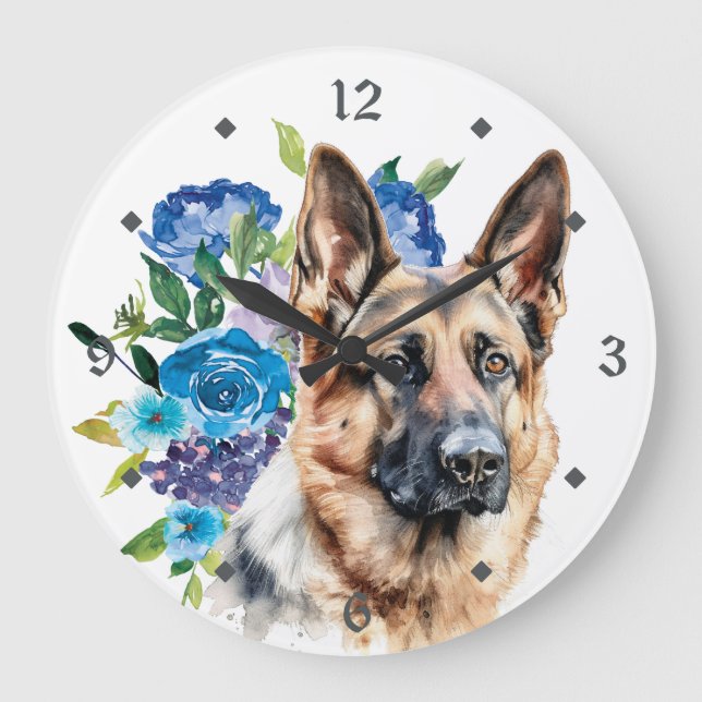 Blue Floral Bouquet German Shepherd Dog Large Clock (Front)
