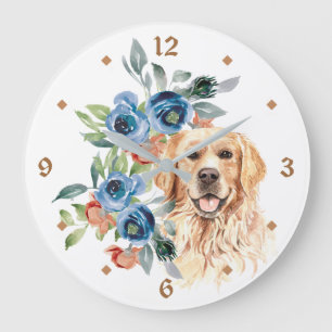 Blue Floral Bouquet Golden Retriever Large Clock
