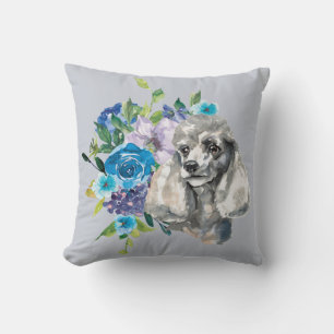 Blue Floral Bouquet Grey Poodle Dog Cushion