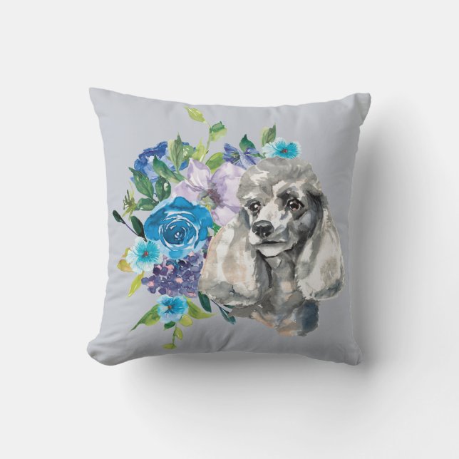 Blue Floral Bouquet Grey Poodle Dog Cushion (Front)