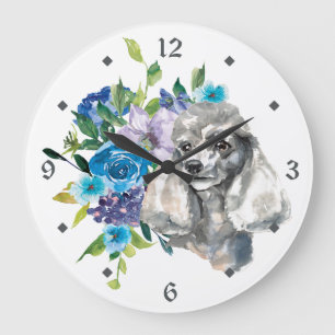 Blue Floral Bouquet Grey Poodle Dog Large Clock