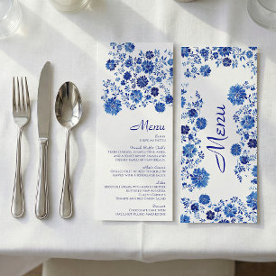 Blue Floral Bouquet Wedding Dinner Menu Card