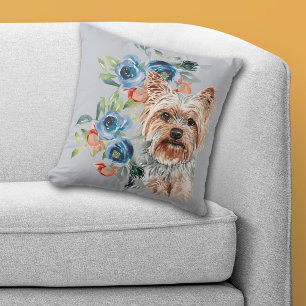 Blue Floral Bouquet Yorkshire Terrier Cushion