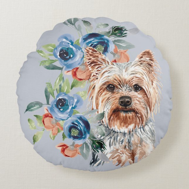Blue Floral Bouquet Yorkshire Terrier Round Cushion (Front)