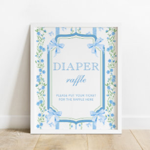 Blue Floral & Bow Baby Shower Diaper Raffle Poster