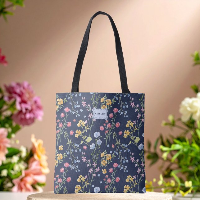Blue Floral Bow Chic Trendy unique Tote Bag (Creator Uploaded)