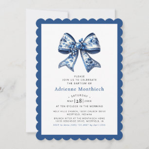 Blue Floral Bow Ribbon Elegant Baptism Invitation