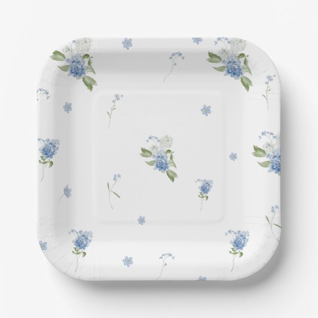 Blue Floral Boy Baby in Bloom Baby Shower Paper Plate (Front)