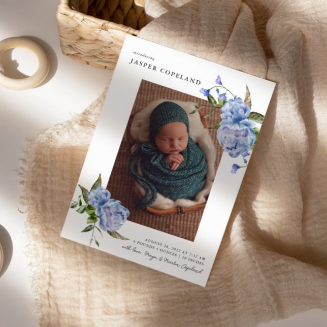 Blue Floral Boy Baby Photo Birth Announcement (Creator Uploaded)