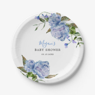Blue Floral Boy Baby Shower Paper Plate