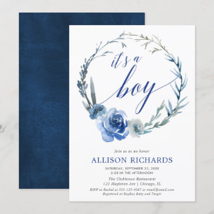 Blue floral boy baby shower, peony wreath elegant invitation