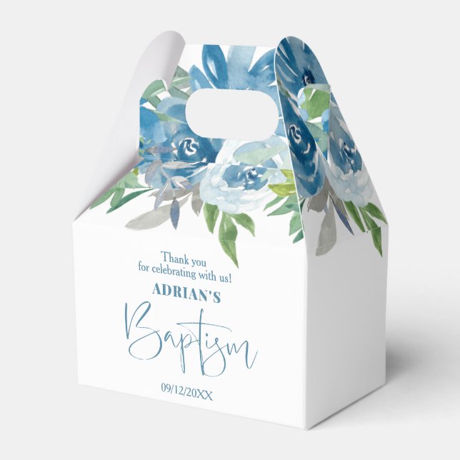Blue Floral Boy Baptism Favour Box (Front Side)